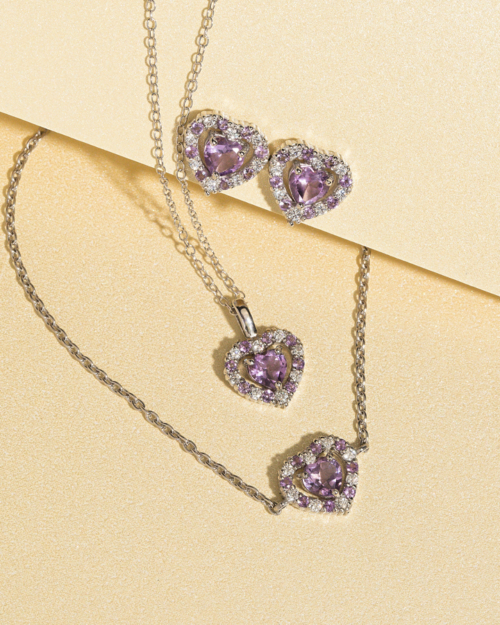 double heart love tennis bracelet necklace and earrings gift set with purple lavender amethyst in sterling silver valentine day birthday anniversary gifts for her for mum for friends for wife for girlfriend