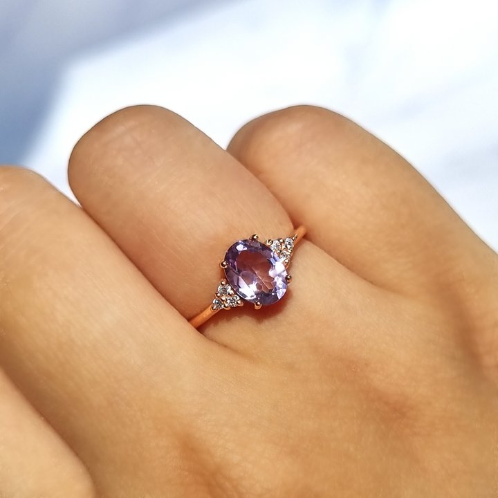 Oval cut lavender amethyst engagement , promise and wedding ring in 18k rose gold vermeil