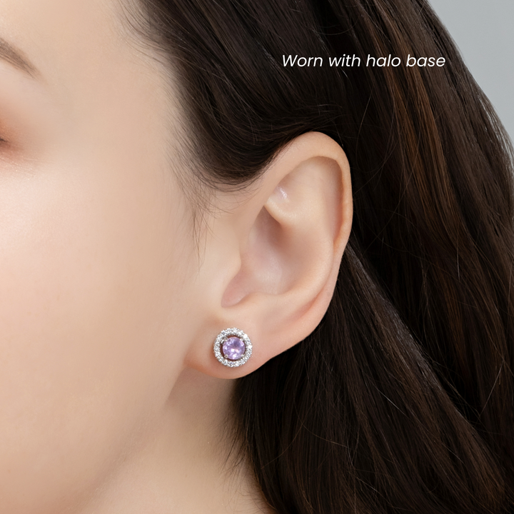 Round cut lavender amethyst halo stud earrings with removable jackets bridal jewellery in sterling silver gifts for her