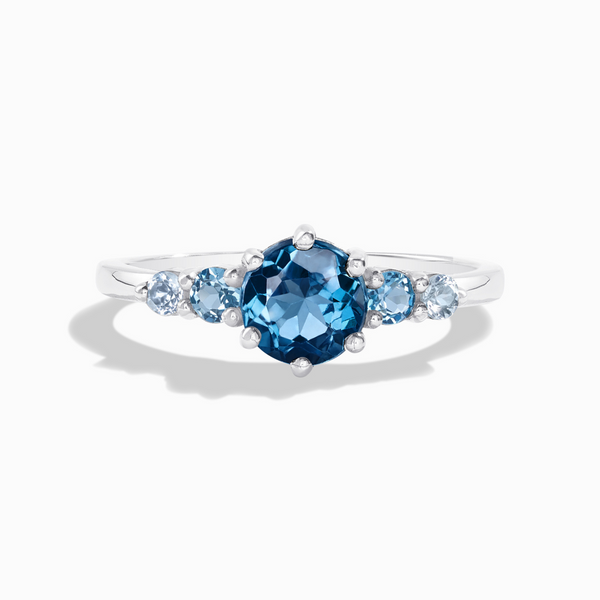 round cut ombre blue topaz five stone engagement ring with London blue Swiss blue and sky blue topaz in sterling silver