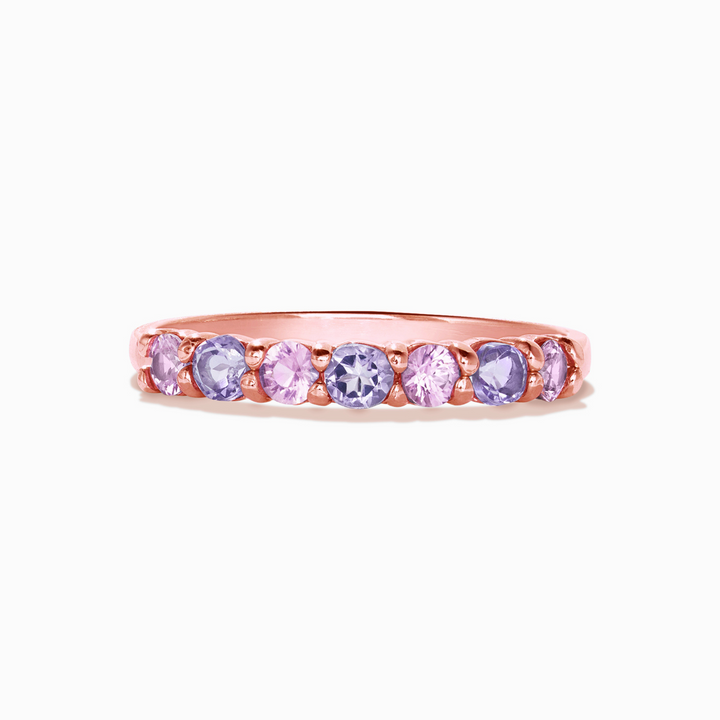 stackable pink sapphire and pink amethyst half eternity wedding ring in 18k rose gold vermeil