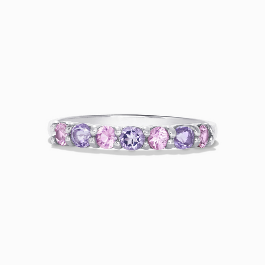 stackable pink sapphire and pink amethyst half eternity wedding ring in sterling silver