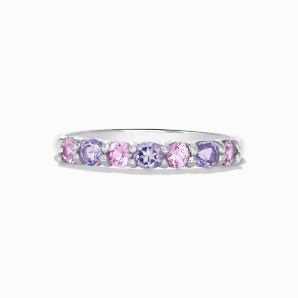 stackable pink sapphire and pink amethyst half eternity wedding ring in sterling silver