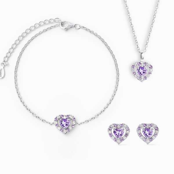 double heart love tennis bracelet necklace and earrings gift set with purple lavender amethyst in sterling silver valentine day birthday anniversary gifts for her for mum for friends for wife for girlfriend