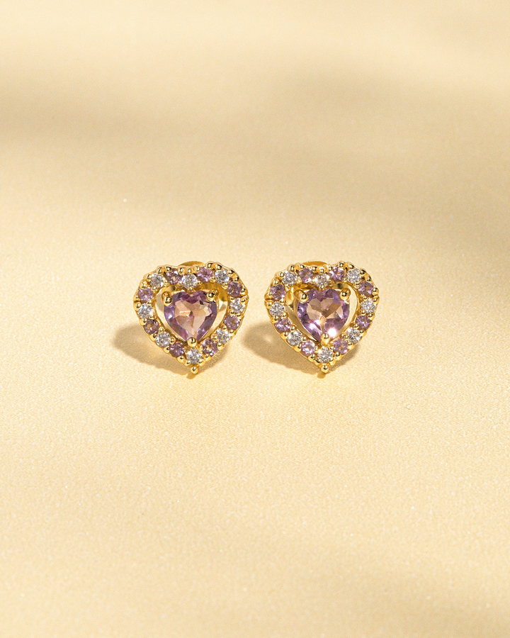 double heart love stud earrings with purple lavender amethyst in 18k gold vermeil valentine day birthday anniversary gifts for her for mum for friends for wife for girlfriend