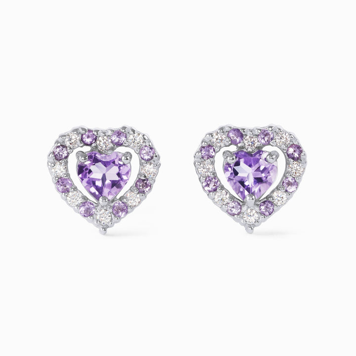 double heart love stud earrings with purple lavender amethyst in sterling silver valentine day birthday anniversary gifts for her for mum for friends for wife for girlfriend