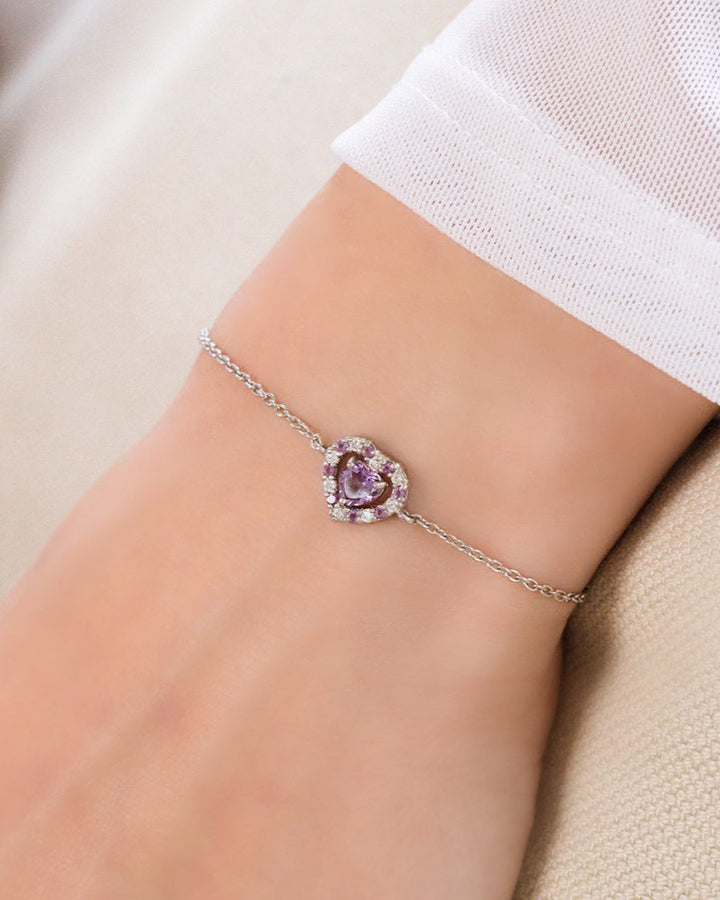 double heart love tennis bracelet with purple lavender amethyst in sterling silver valentine day birthday anniversary gifts for her for mum for friends for wife for girlfriend