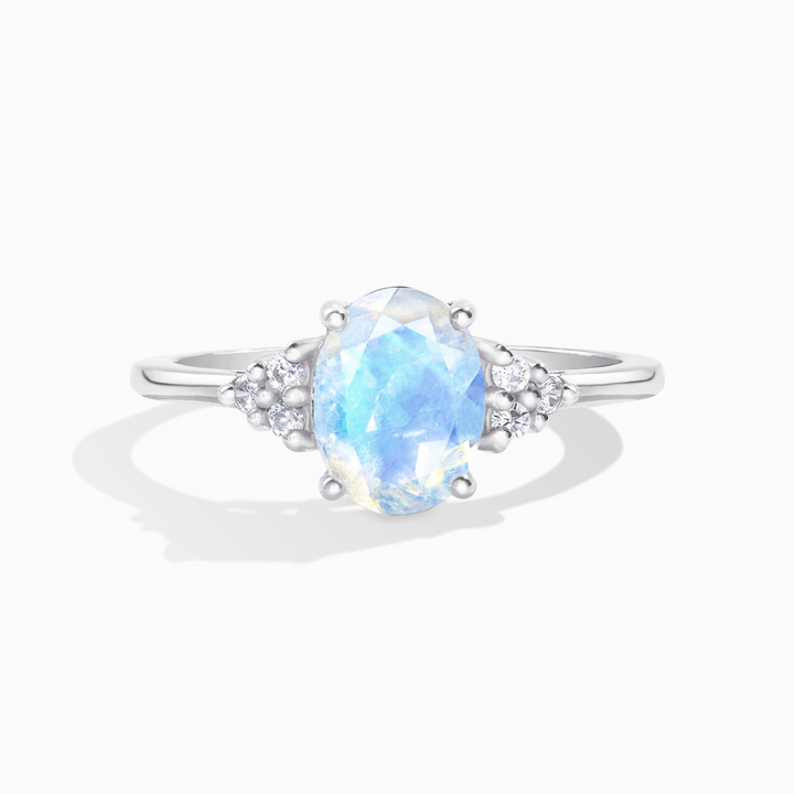 oval cut rainbow moonstone three stone engagement and promise ring in sterling silver gift for her