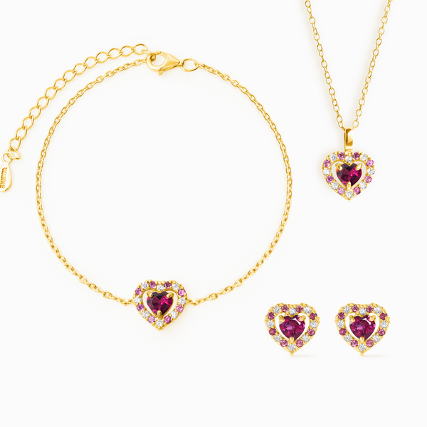 Red Heart Rhodolite Garnet Jewellery Set in 18k Gold Vermeil