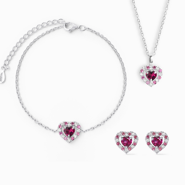 double heart love tennis bracelet necklace and earrings gift set with red pink rhodolite garnet in sterling silver valentine day birthday anniversary gifts for her for mum for friends for wife for girlfriend