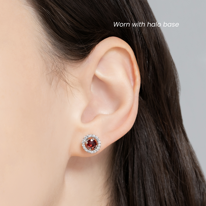 Round cut red garnet halo stud earrings with removable jackets bridal jewellery in sterling silver gifts for her