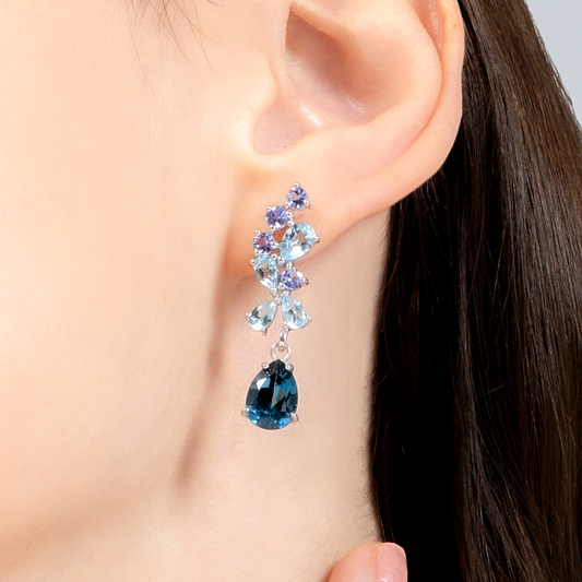 Pear cut london blue topaz and sky blue topaz and round cut tanzanite drop dangle earrings in sterling silver for evening wear gift for her