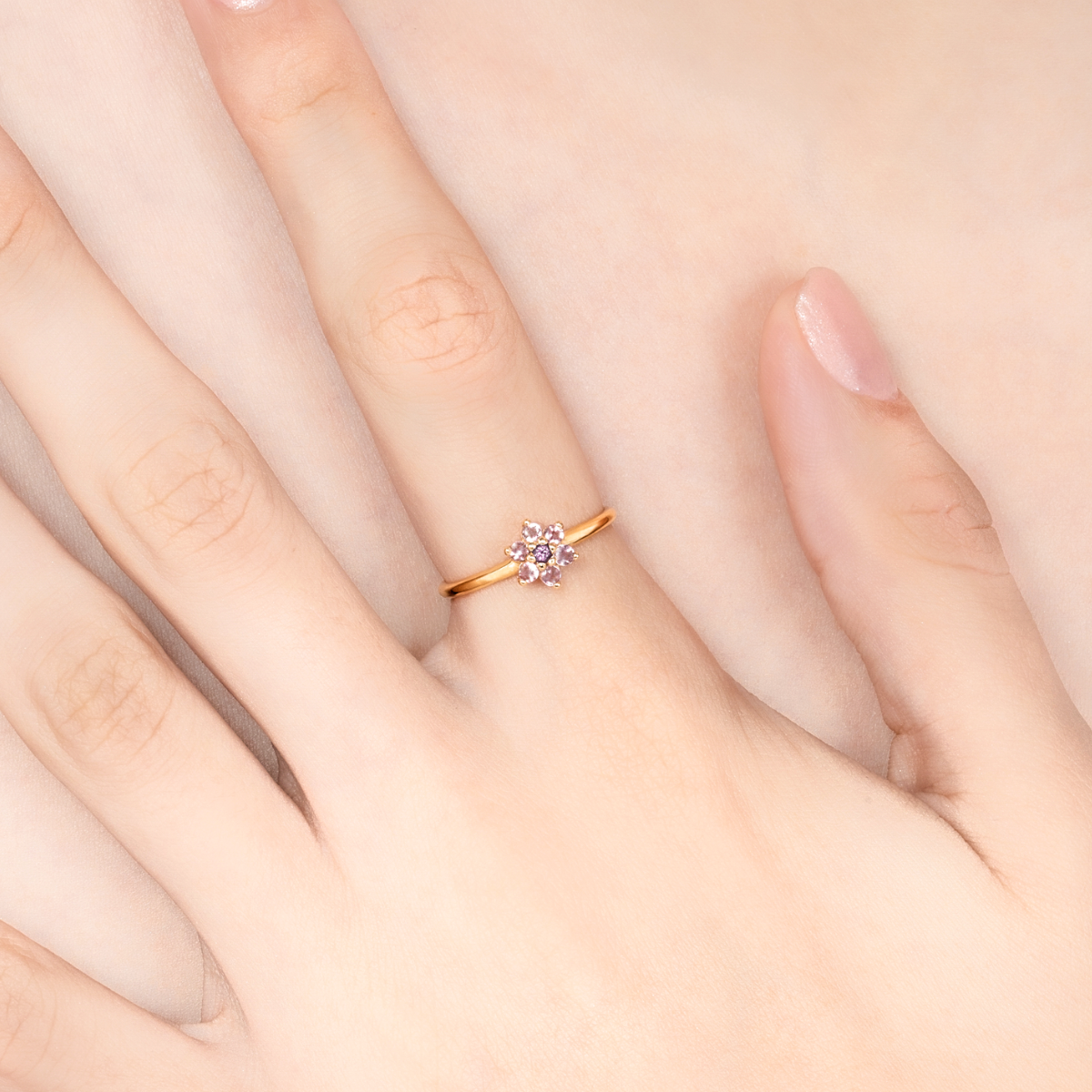Pink tourmaline and purple amethyst dainty stackable cluster flower ring in 18k gold vermeil