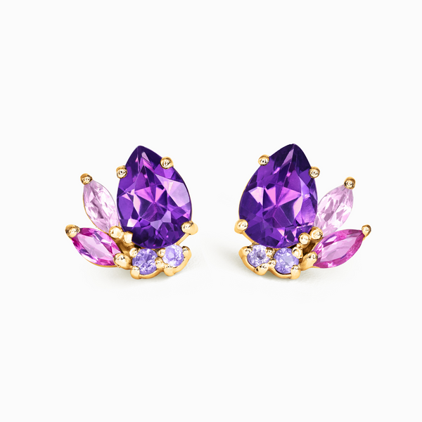 Amethyst and Pink Tourmaline Gemstone Cluster Earrings in 18k Gold Vermeil