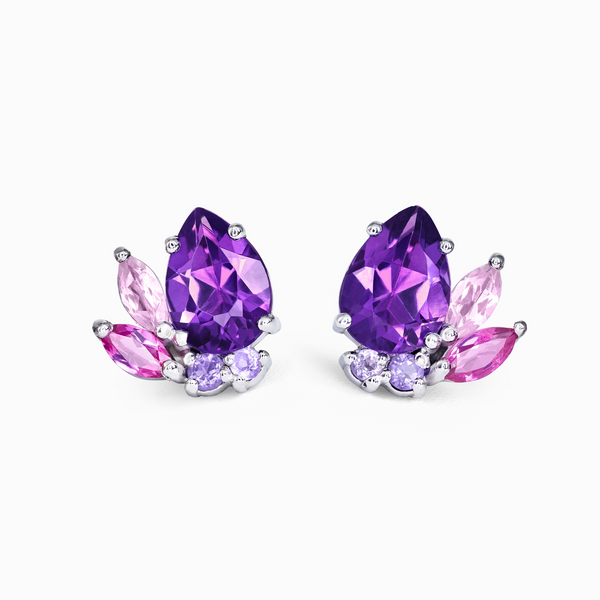 Amethyst and Pink Tourmaline Gemstone Cluster Earrings in Sterling Silver