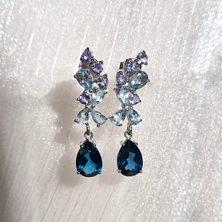 Pear cut london blue topaz and sky blue topaz and round cut tanzanite drop dangle earrings in sterling silver for evening wear gift for her