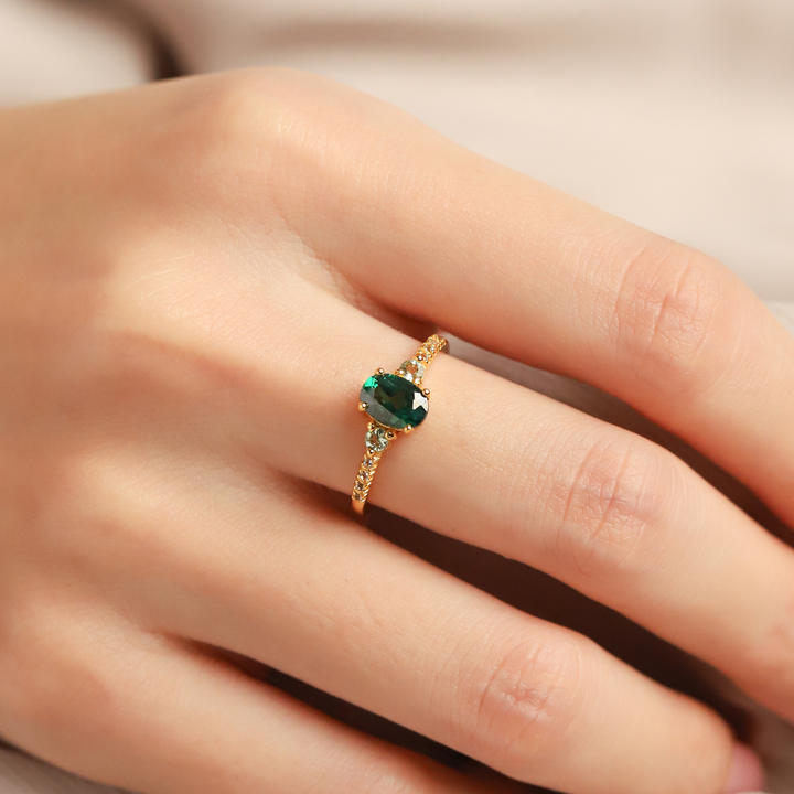 Oval cut green topaz and green tourmaline three stone engagement ring in 18k gold vermeil