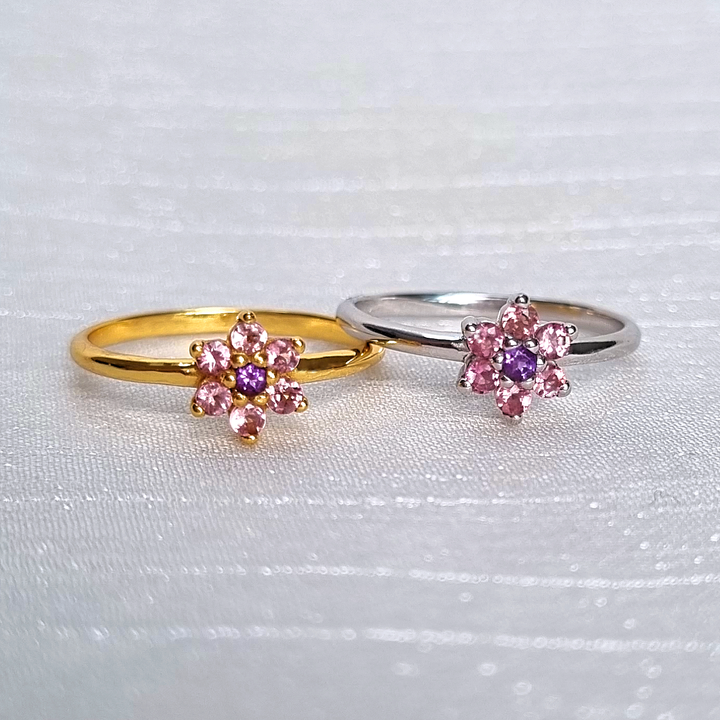 Pink tourmaline and purple amethyst dainty stackable cluster flower ring in 18k gold vermeil and sterling silver