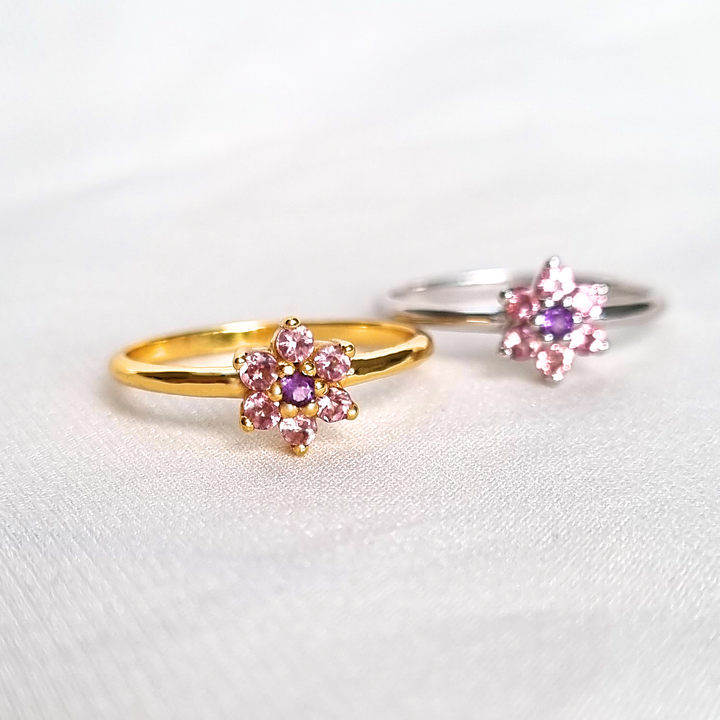 Pink tourmaline and purple amethyst dainty stackable cluster flower ring in 18k gold vermeil