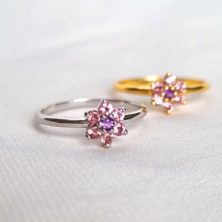 Pink tourmaline and purple amethyst dainty stackable cluster flower ring in sterling silver