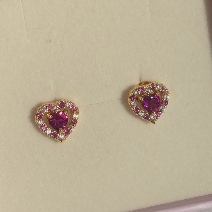 double heart love stud earrings with pink red rhodolite garnet in 18k gold vermeil Valentine day birthday anniversary gifts for her for mum for friends for wife for girlfriend