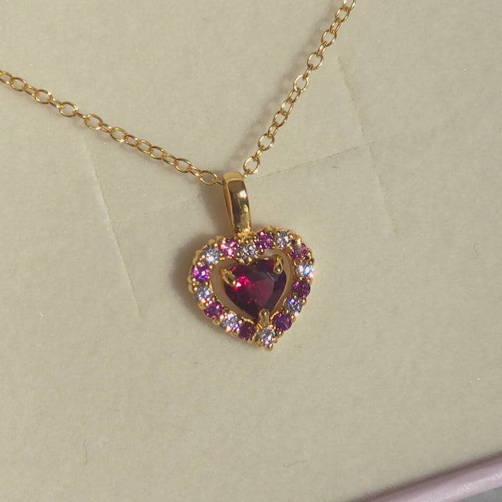 double heart love pendant necklace with pink red rhodolite garnet in gold vermeil Valentine day birthday anniversary gifts for her for mum for friends for wife for girlfriend