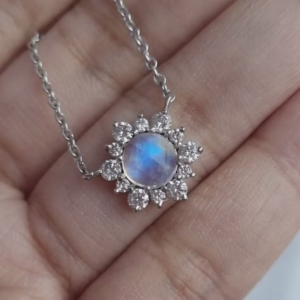 round cut moonstone and diamond necklace in sterling silver, present for promise, anniversary, birthday, mother's day...