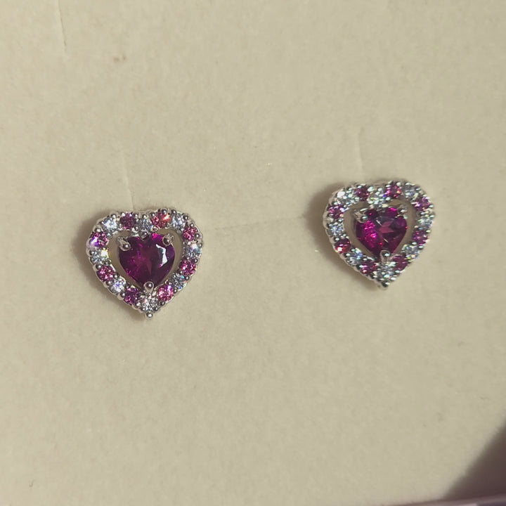 double heart love stud earrings with pink red rhodolite garnet in sterling silver Valentine day birthday anniversary gifts for her for mum for friends for wife for girlfriend