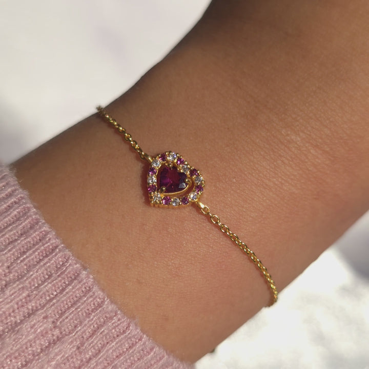 double heart love tennis bracelet with pink red rhodolite garnet in sterling silver and gold vermeil Valentine day birthday anniversary gifts for her for mum for friends for wife for girlfriend