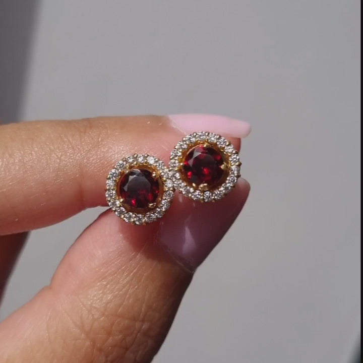 Round cut red garnet halo stud earrings with removable jackets bridal jewellery in 18k gold vermeil gifts for her