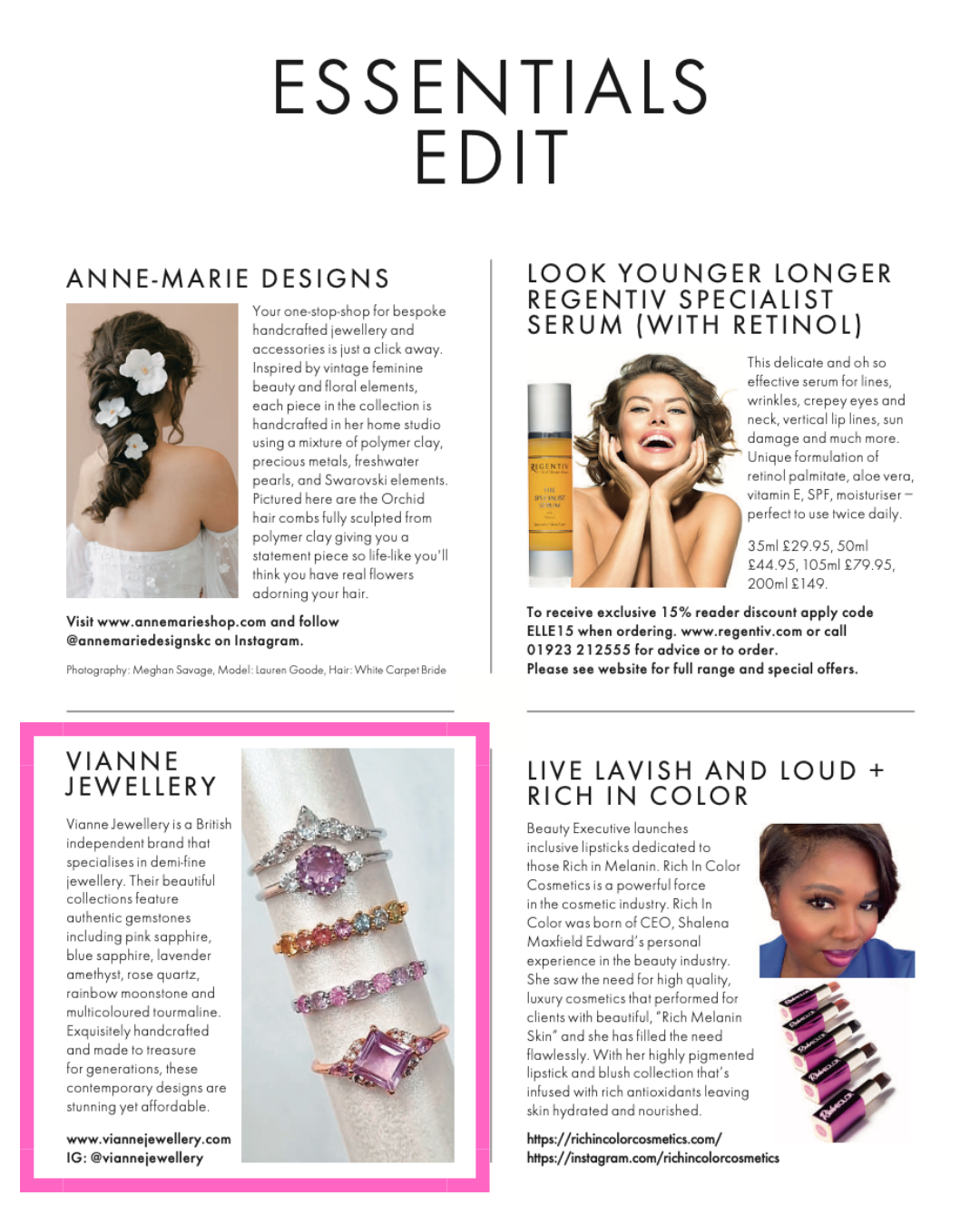 Vianne Jewellery Lavender Amethyst Ring group in ELLE Magazine 'Essentials Edit' - December 2021/January 2022