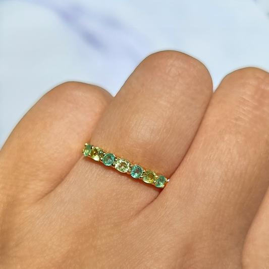 round cut emerald and oval cut peridot eternity stackable wedding ring in 18k gold vermeil 