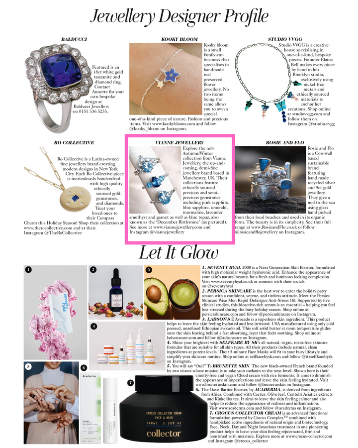 Vianne Jewellery blue gemstone rings in British Vogue Magazine December 2022.