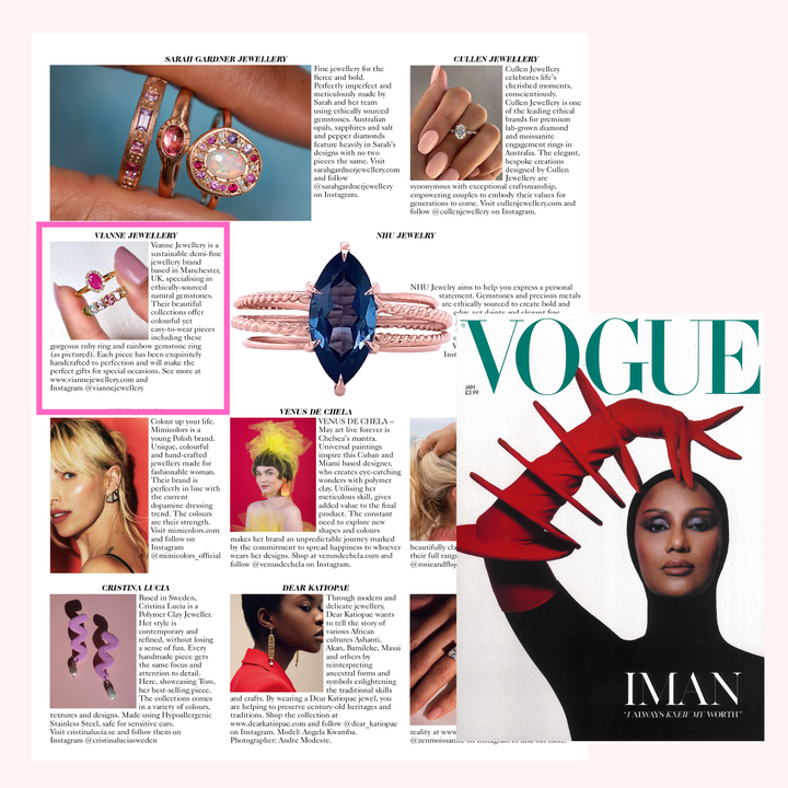 Vianne Jewellery pink and rainbow colour gemstone rings in British Vogue Magazine Jan 2023.