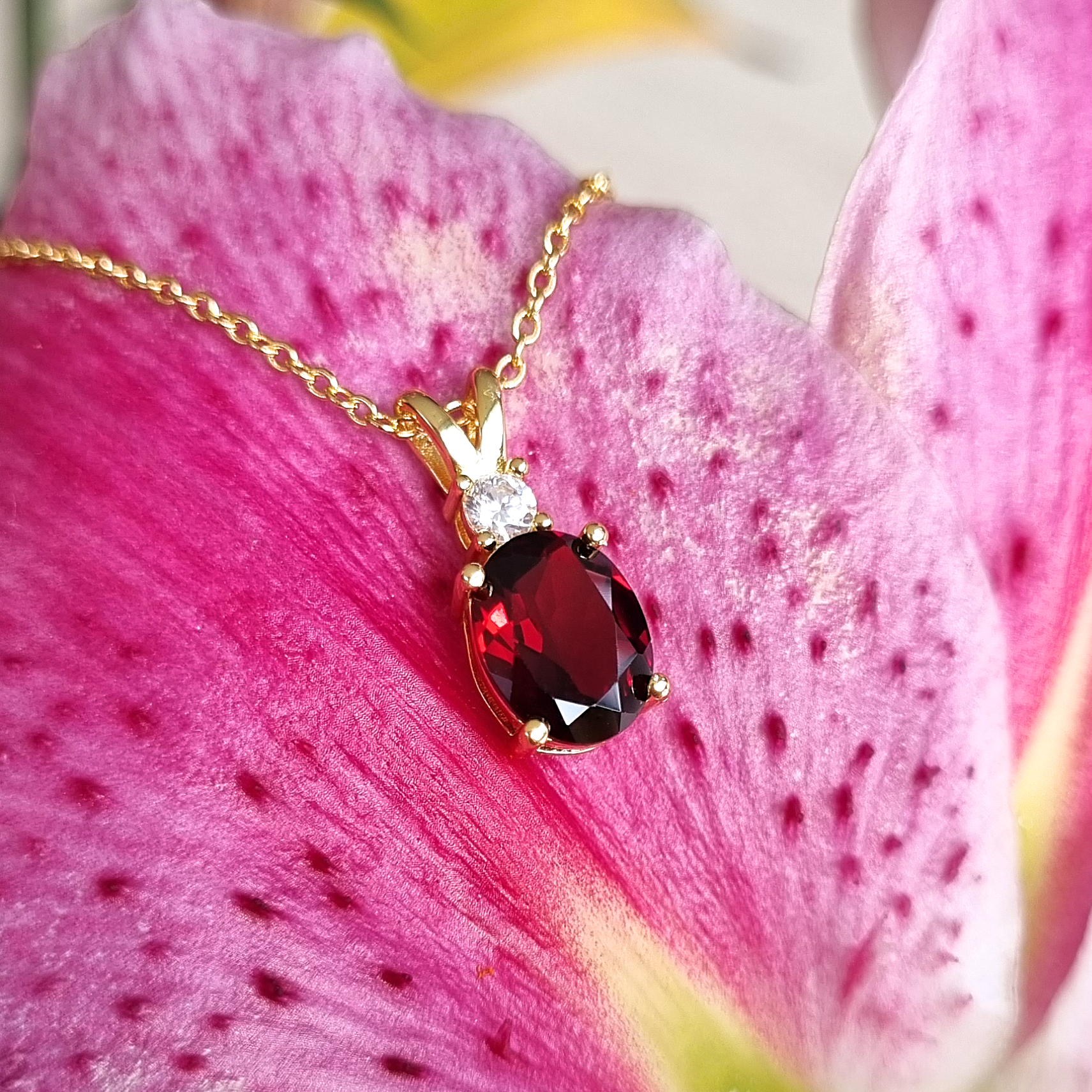 Oval cut garnet and round cut diamond necklace in 18k gold Vermeil for promise ,birthday, anniversary, mother's day and wedding gift.