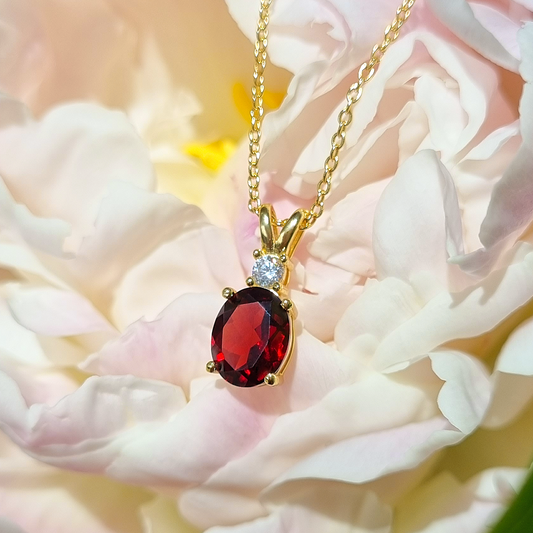 Oval cut garnet and round cut diamond necklace in 18k gold Vermeil for promise ,birthday, anniversary, mother's day and wedding gift.