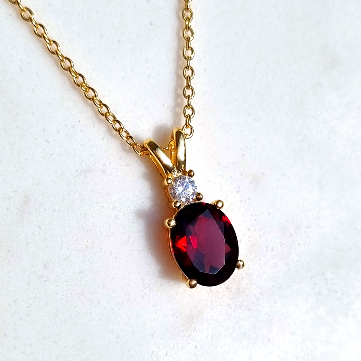 Oval cut garnet and round cut diamond necklace in 18k gold Vermeil for promise ,birthday, anniversary, mother's day and wedding gift. 