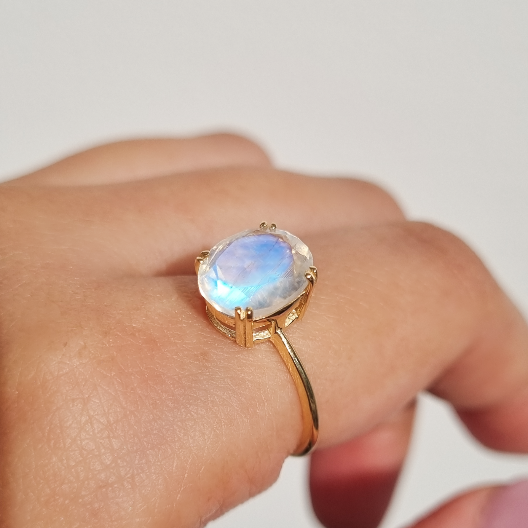 Oval Cut Rainbow Moonstone Ring (Large Stone) in Gold Vermeil