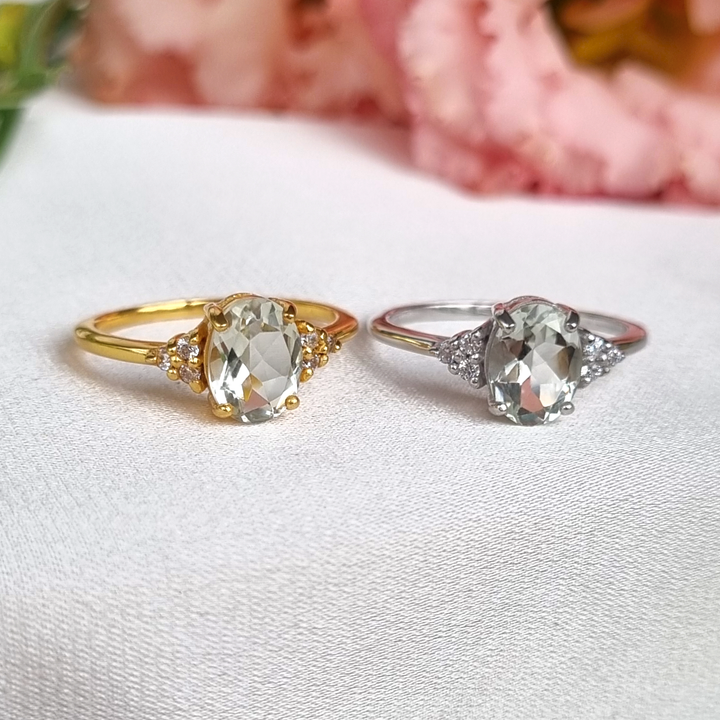 oval cut green gemstone wedding , engagement and promise ring in 18k gold vermeil  and sterling sliver
