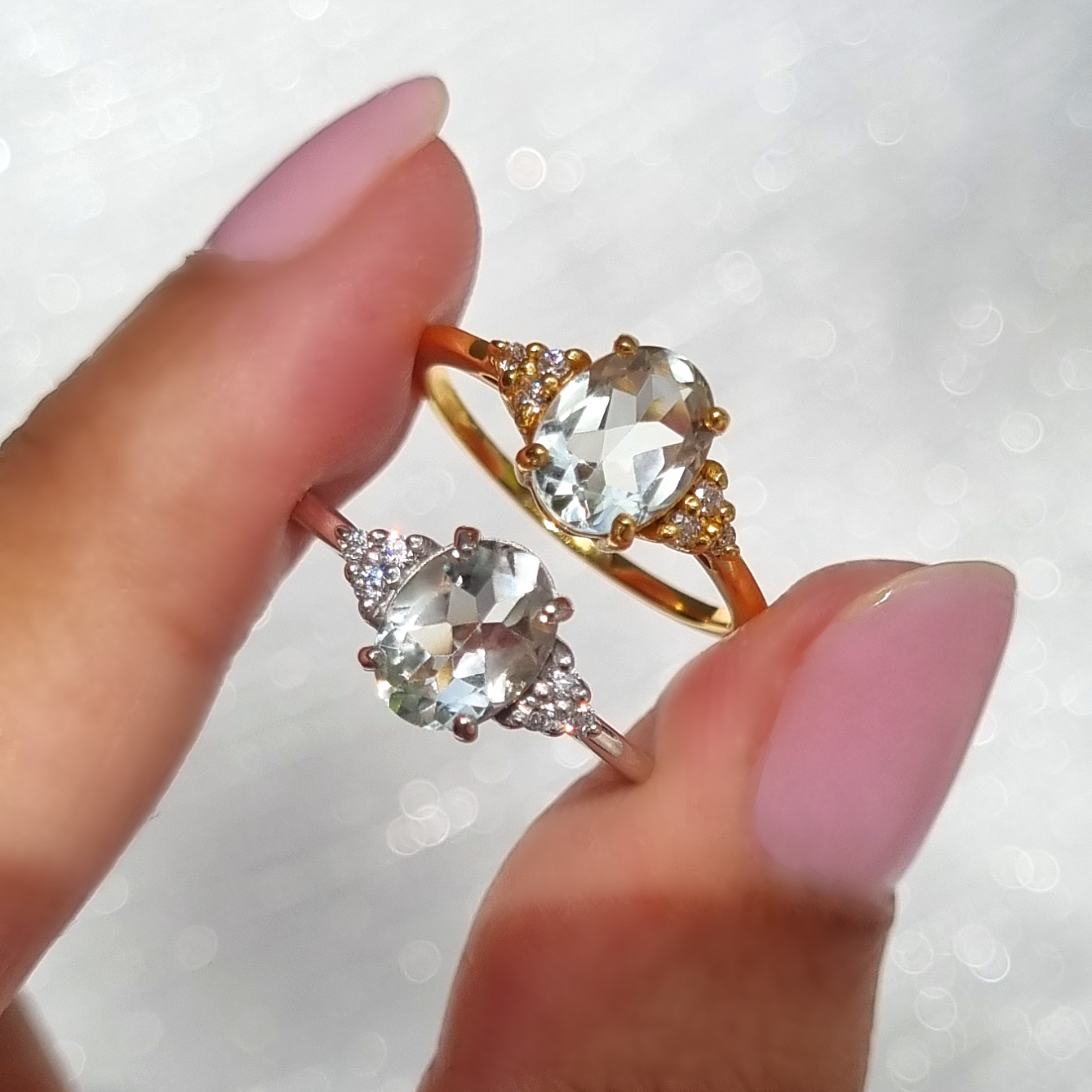 oval cut green gemstone wedding , engagement and promise ring in sterling sliver and 18k gold vermeil 