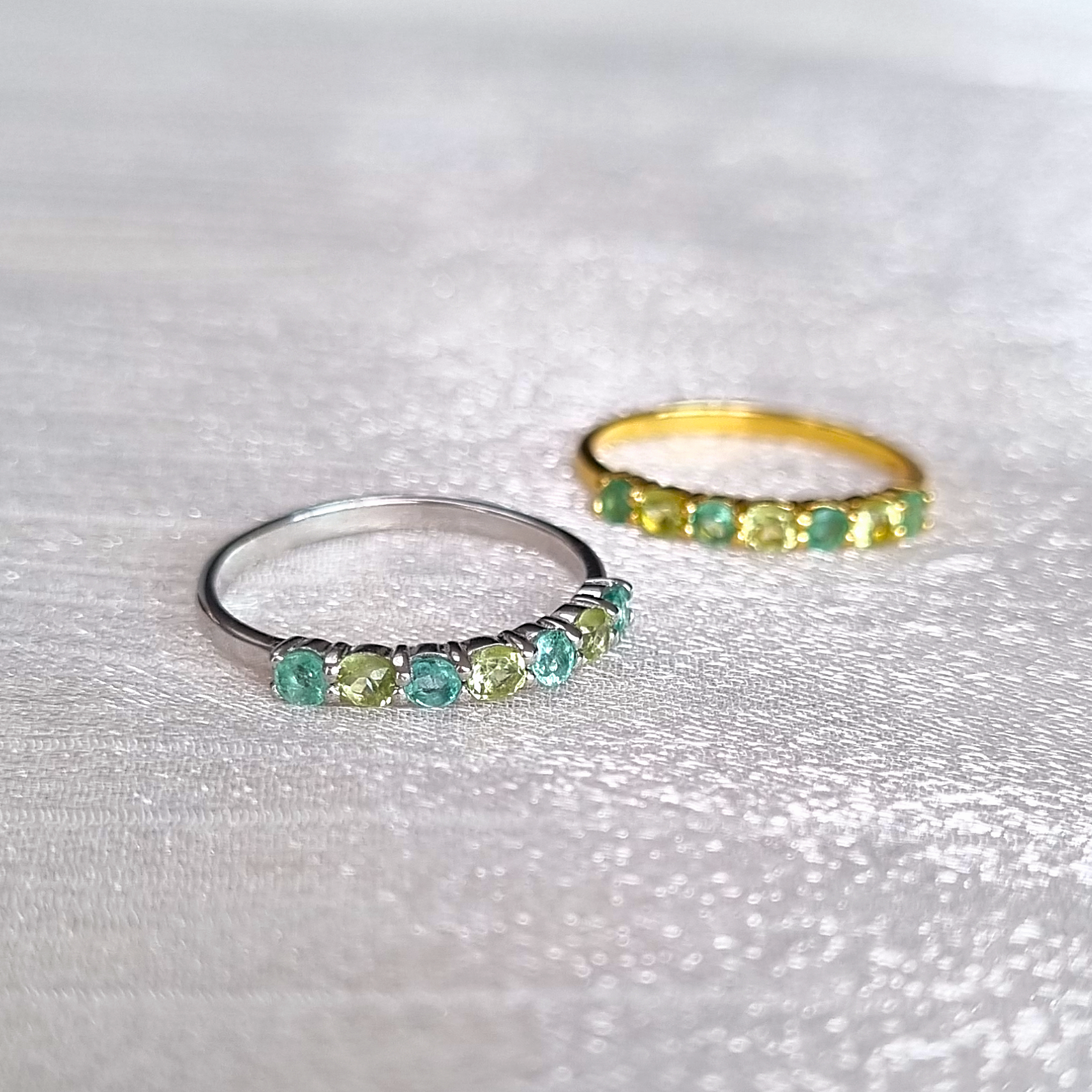 round cut emerald and oval cut peridot eternity stackable wedding ring in 18k gold vermeil and sterling sliver 