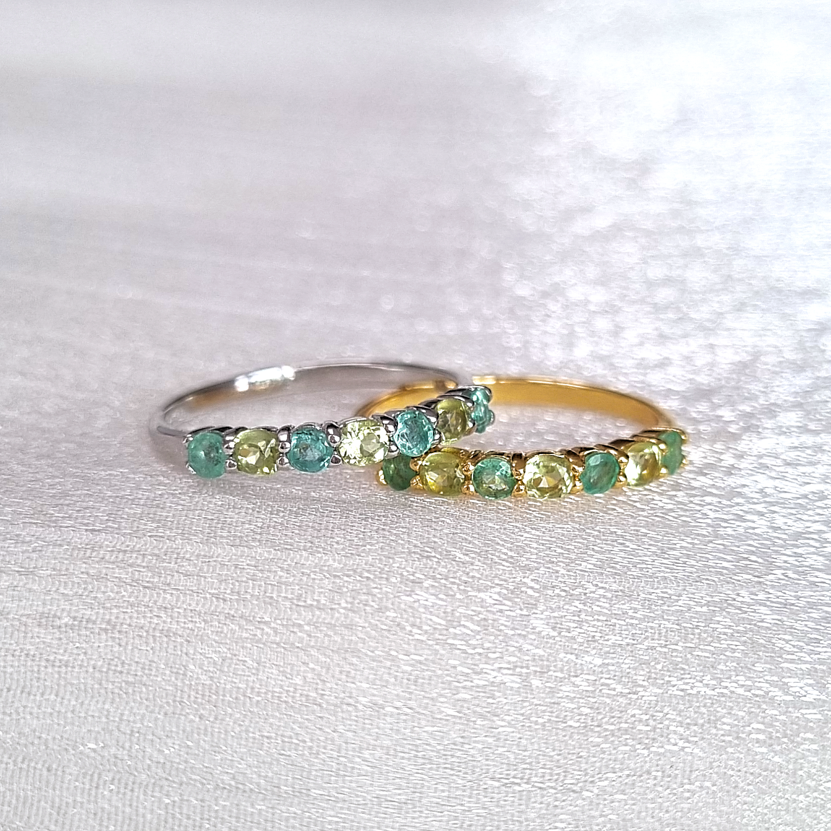 round cut emerald and oval cut peridot eternity stackable wedding ring in 18k gold vermeil and sterling silver 