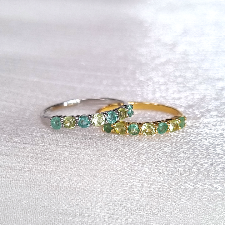 round cut emerald and oval cut peridot eternity stackable wedding ring in 18k gold vermeil and sterling sliver 