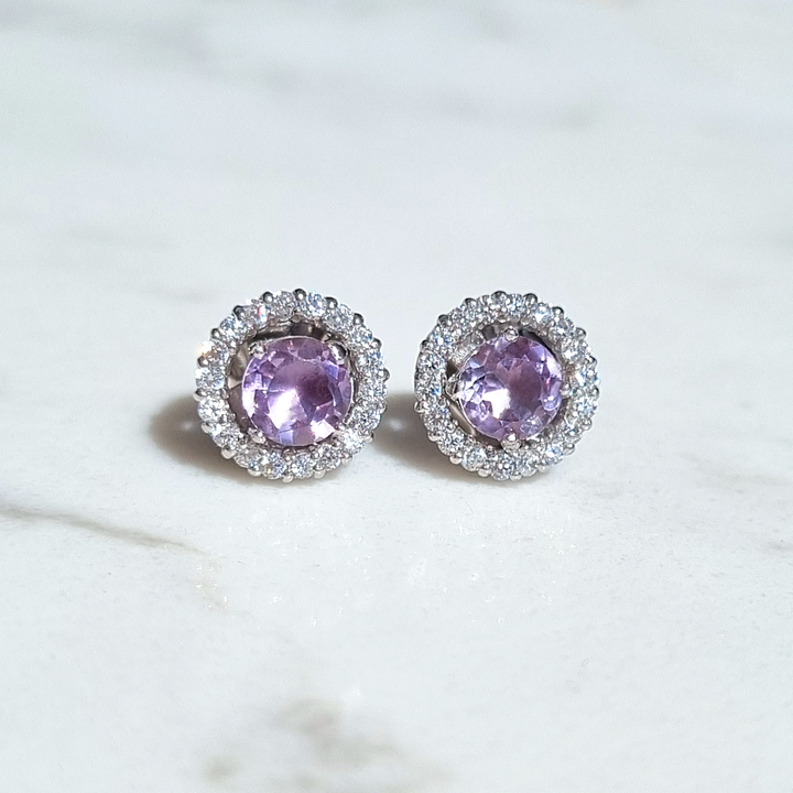 Round cut lavender amethyst halo stud earrings with removable jackets bridal jewellery in sterling silver gifts for her