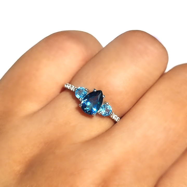 London Blue and round cut Swiss Blue Topaz engagement , promise and wedding Ring in  sterling sliver