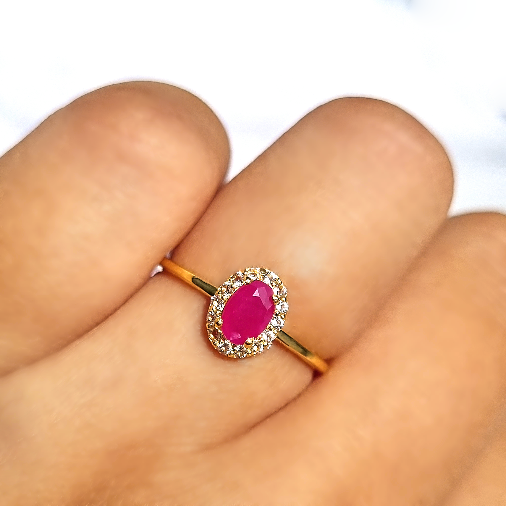  oval cut pinkish red gemstone and white topaz engagement , promise and wedding ring in 18k gold vermeil