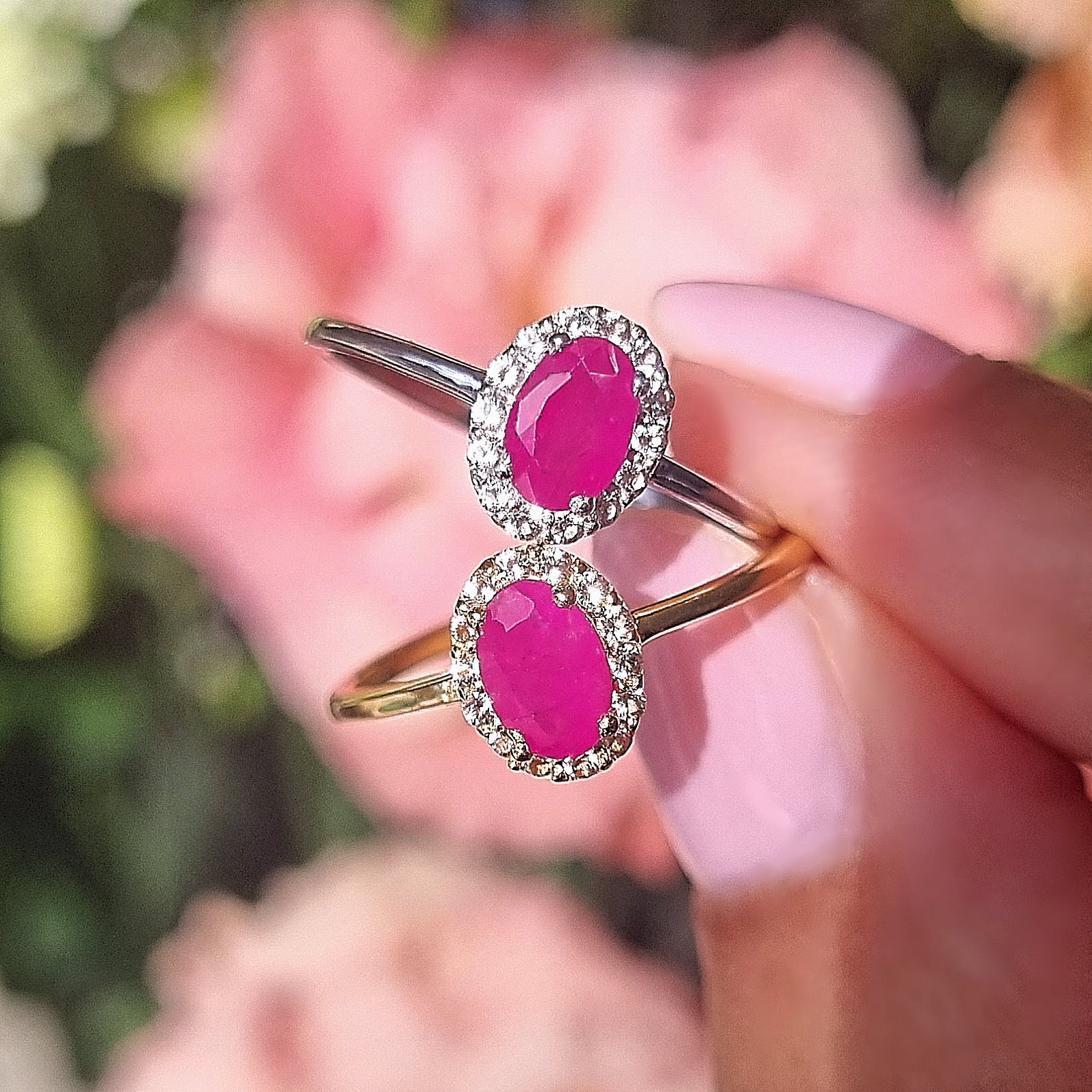 oval cut pinkish red gemstone and white topaz engagement , promise , wedding ring in 18k gold vermeil and sterling sliver