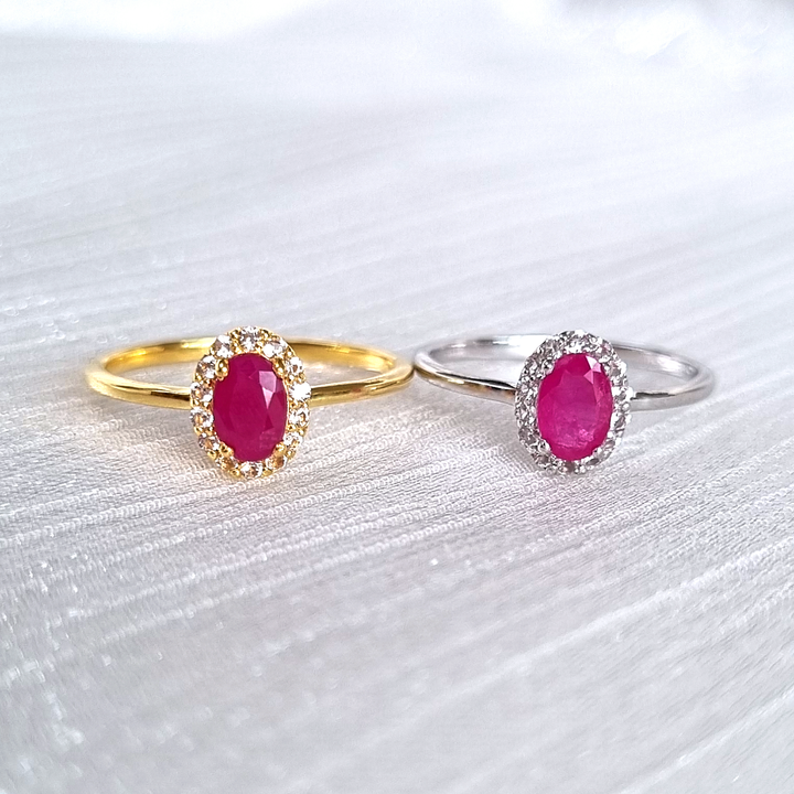  oval cut pinkish red gemstone and white topaz engagement , promise , wedding ring in 18k gold vermeil and sterling sliver