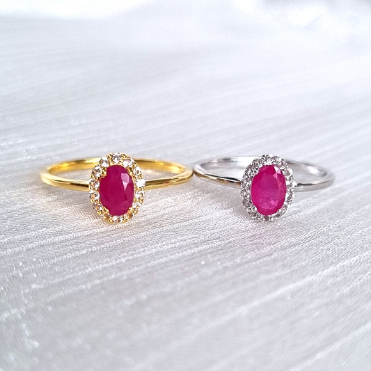 Pink ruby oval cut halo engagement ring in 18k gold vermeil and sterling silver gifts for her