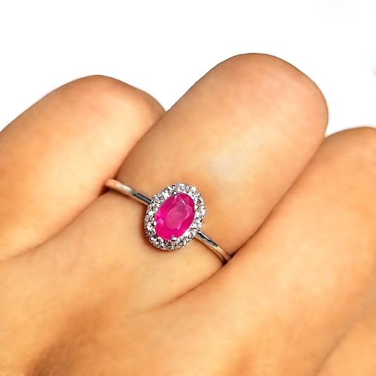 Pink ruby oval cut halo engagement ring in sterling silver gift for her